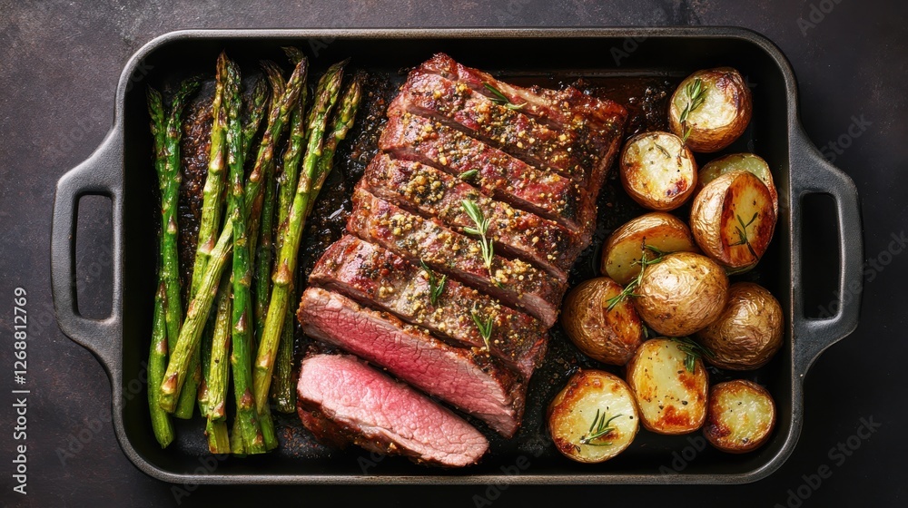 Poster tender rack of lamb served with roasted potatoes and asparagus on a rustic table