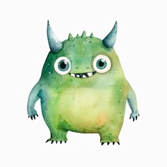 Watercolor illustration of a cute little green monster isolated on white background.