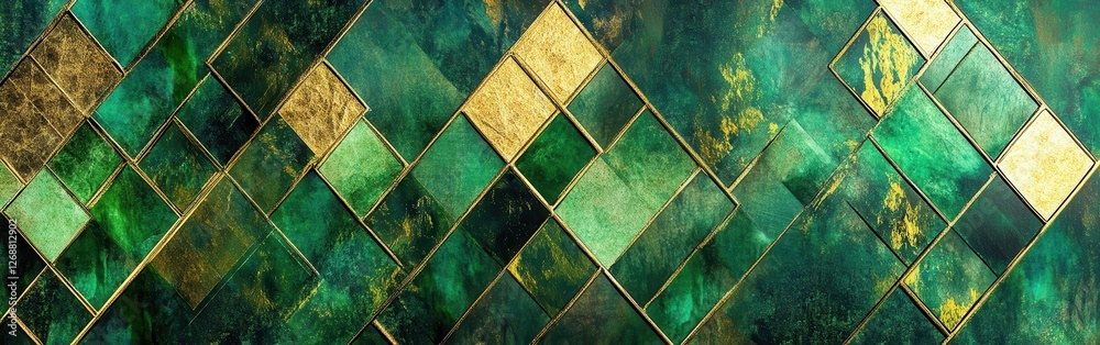 Poster textured geometric pattern featuring interlocking shapes in rich green and gold tones creates a capt
