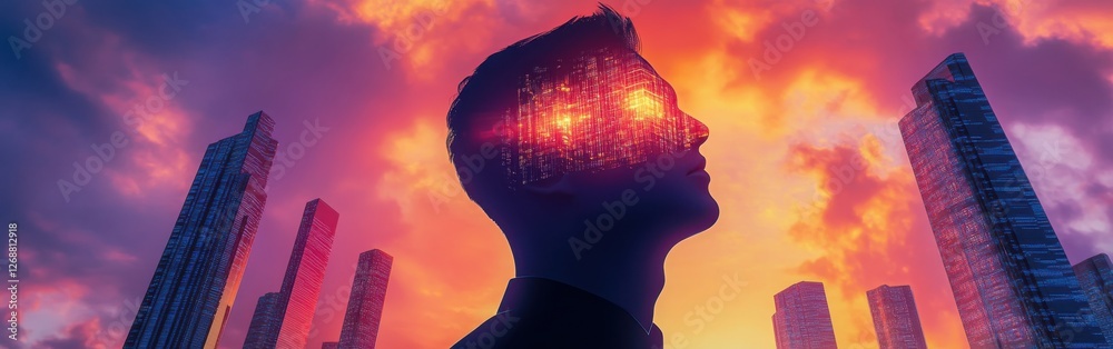 Poster man glowing in a surreal urban landscape at sunset with a vibrant backdrop of buildings and colorful