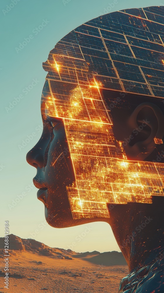 Aufkleber Surreal visualization of a child's profile featuring glowing geometrical patterns in a desert landscape