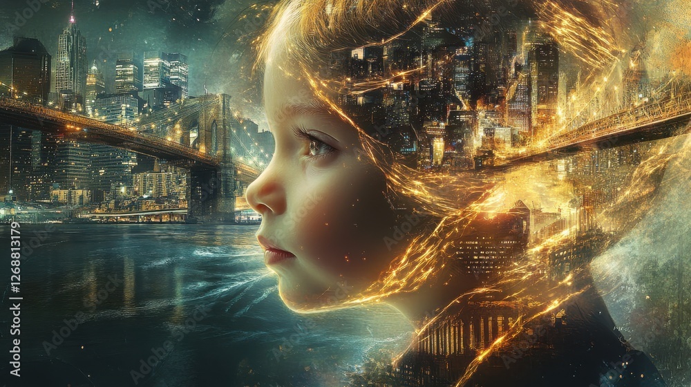Poster surreal portrait of a glowing child with a cityscape flowing from their head at dusk near a bridge