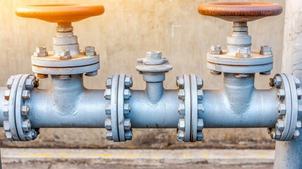 Aged Grey Metal Pipe System with Rusty Valves Against Textured Wall