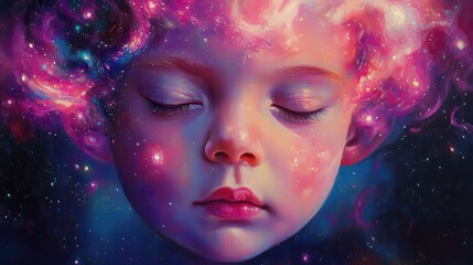 Naklejka premium Surreal portrait of a child's face filled with cosmic colors and elements against a dark background