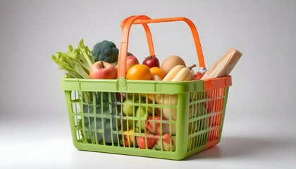 Plastic shopping basket with of grocery products isolated on white