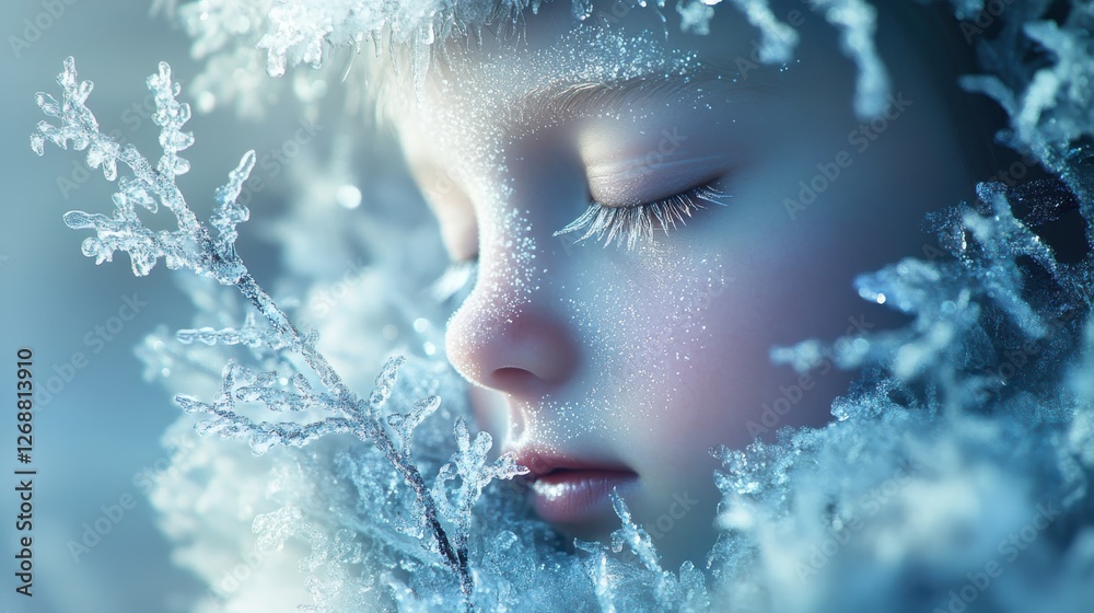 Poster child's serene face surrounded by frost and ice captures the essence of winter in a tranquil moment 