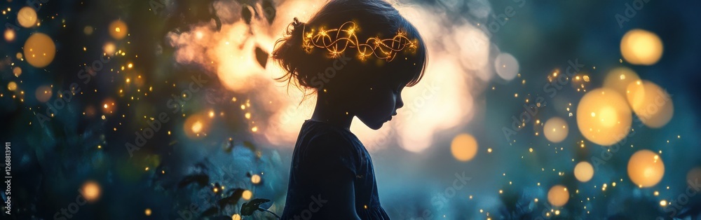 Poster child surrounded by glowing lights in a tranquil outdoor setting during twilight hours