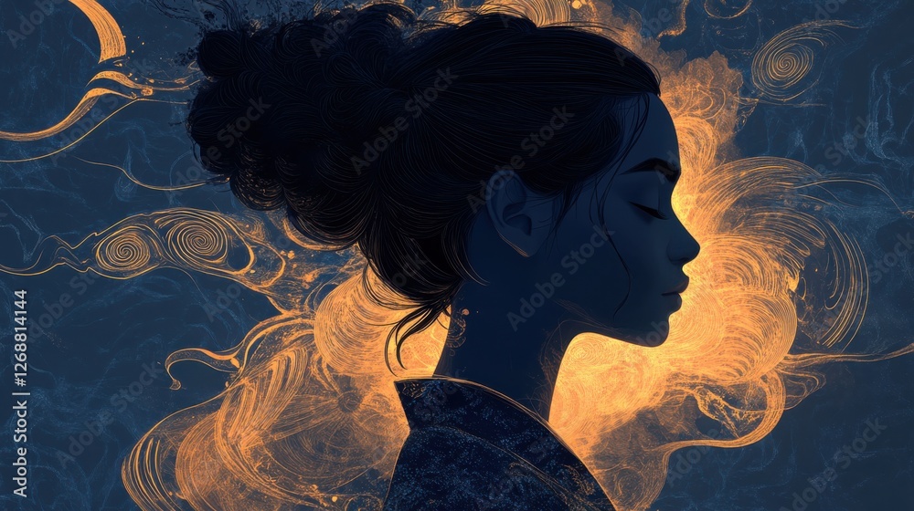 Poster portrait of a serene woman with a glowing silhouette surrounded by abstract patterns in a dark setti