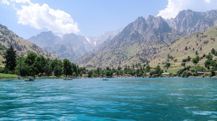 Obraz premium Mountain lake, scenic view, calm water, boats on the surface