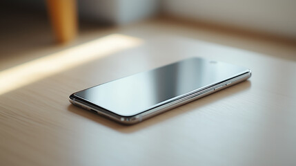 Sleek smartphone resting on wooden surface in bright room during daytime, showcasing its modern design and reflective screen. Generative AI