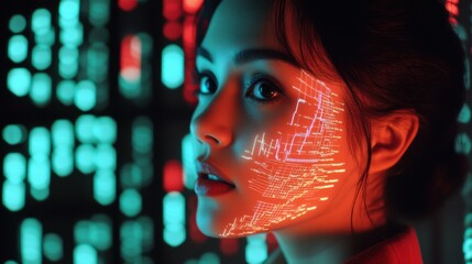 AI-generated economic forecasts, floating stock market graphs, glowing analytical data