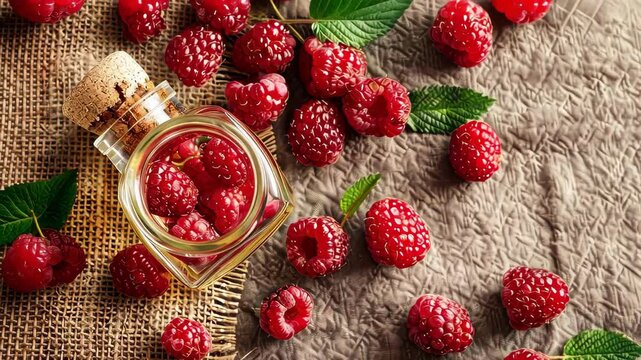 raspberry essential oil on burlap background