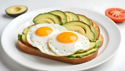 Avocado Sandwich with Fried Egg on a plate solated on white background.