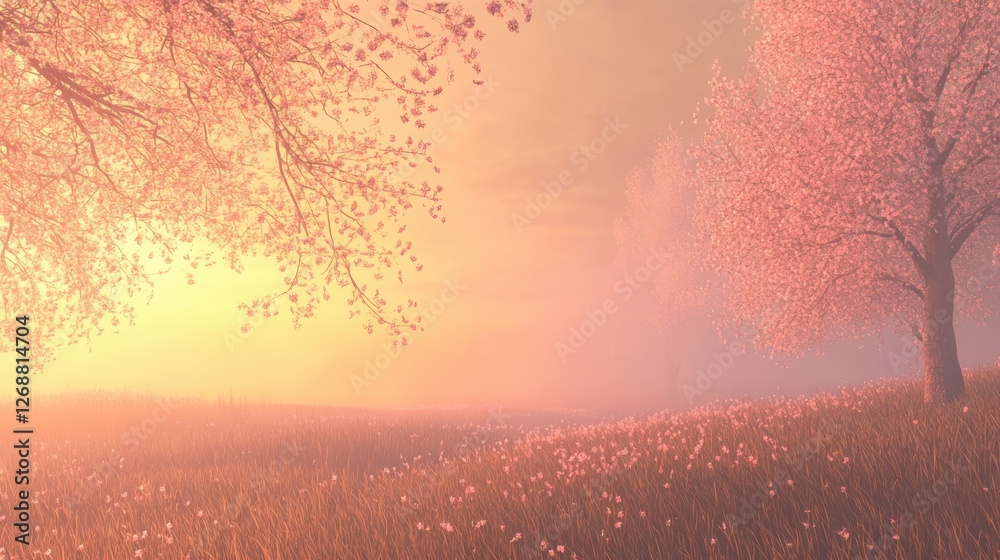 Aufkleber peaceful spring field at dawn with flowering trees and soft sunlight illuminating the landscape
