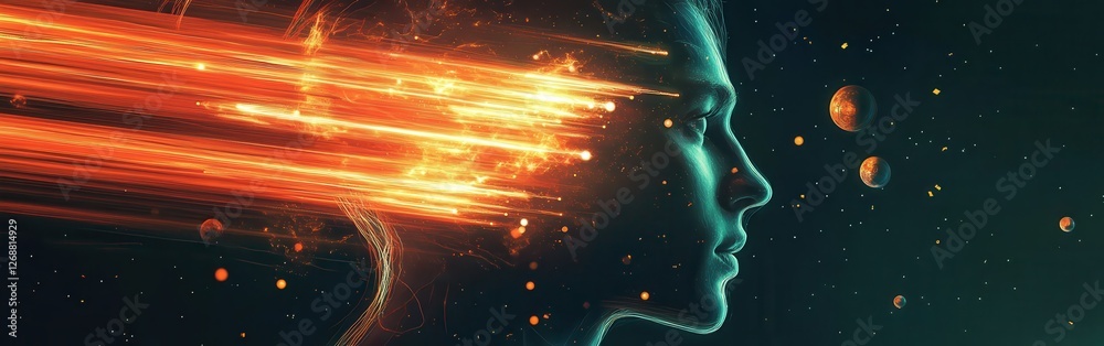Poster mystical profile of a man filled with cosmic elements and dynamic energy symbols in a surreal settin