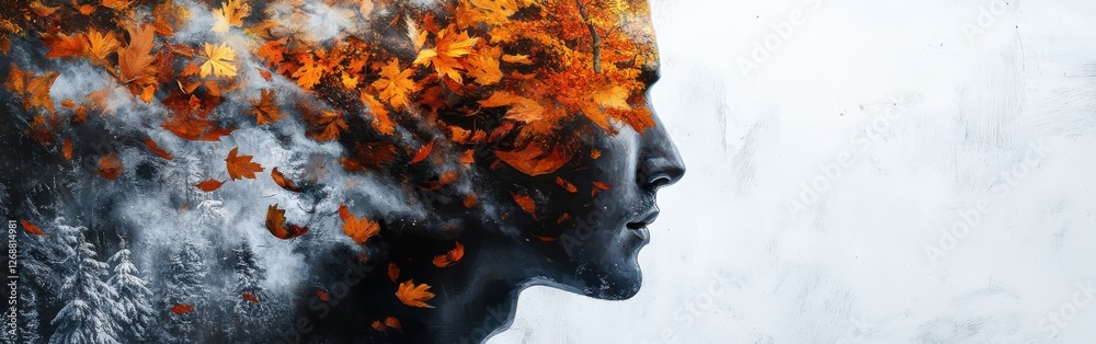 Poster mystical profile of a man filled with autumn leaves and ethereal landscapes representing nature and 