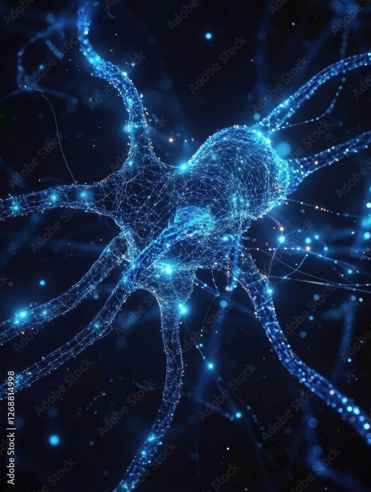Aufkleber Neural network glowing in blue light on a dark background showcasing intricate connections and structures. Generative AI
