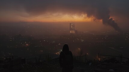 Silhouette of a figure against a dark cityscape  a captivating ai generated illustration