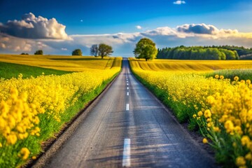 Obraz premium Asphalt Road Cutting Through Vibrant Rapeseed Fields - Spring Landscape Photography