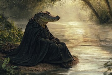 Naklejka premium Alligator in robe near peaceful river water.