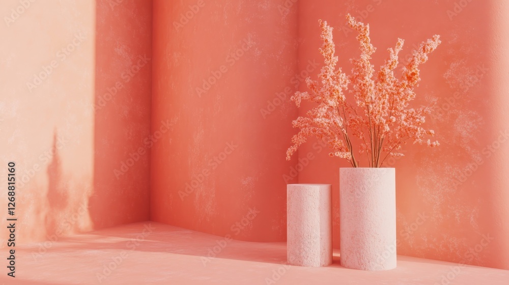 Poster soft coral background featuring floral arrangement in minimalist vases enhancing a tranquil setting