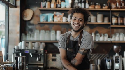 Cheerful barista wearing apron standing at counter in coffee shop, looking at camera.