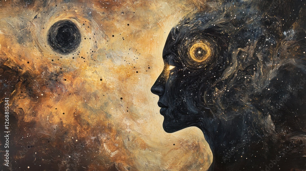 Aufkleber mystical profile of a man surrounded by cosmic elements and interstellar hues in a surreal landscape