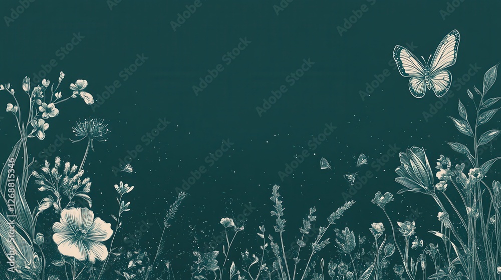 Poster spring blossoms and butterflies create a serene monochromatic design in shades of green and white