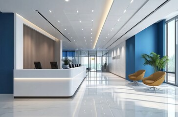 Modern office front desk, with a white and blue color scheme, interior design rendering style. The gray ceiling features wood grain elements. modern living room with white furniture