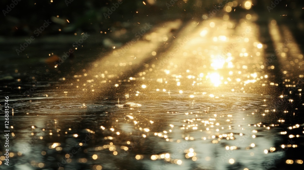 Poster Sunlight breaks through rain, illuminating droplets and creating a magical atmosphere in a tranquil outdoor setting