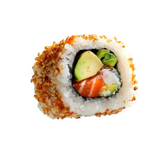 A sushi roll with sushi rice, vegetables, and salmon, coated in sesame seeds. Fresh and flavorful!