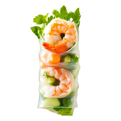 A fresh spring roll filled with shrimp and vegetables, wrapped in rice paper, showcasing vibrant colors.