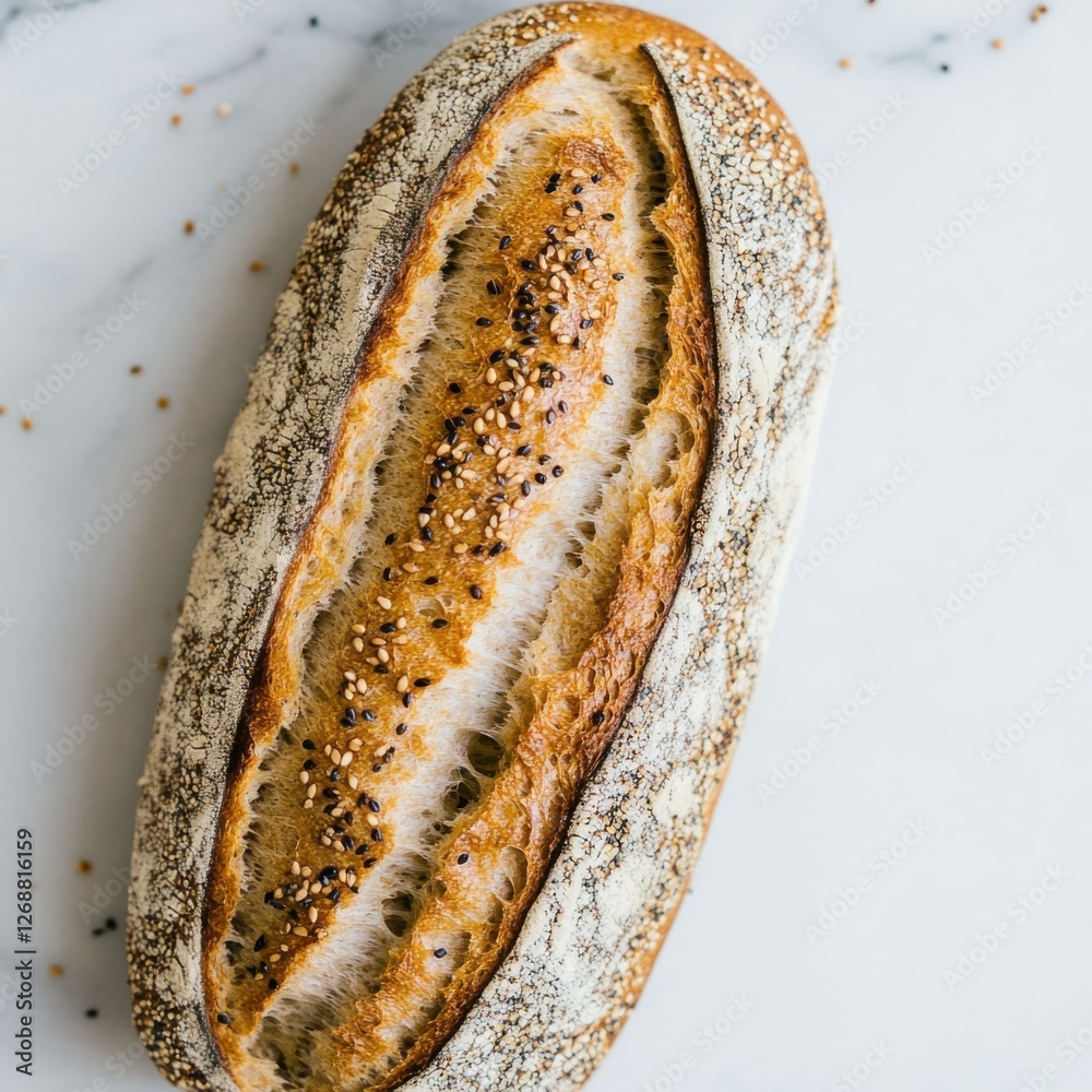 Poster freshly baked multigrain bread on a marble countertop waiting to be sliced and enjoyed with meals or