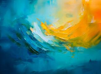 Fototapeta premium Abstract painting with vibrant colors. Bold brushstrokes in shades of blue, teal, and orange create a dynamic and flowing composition.