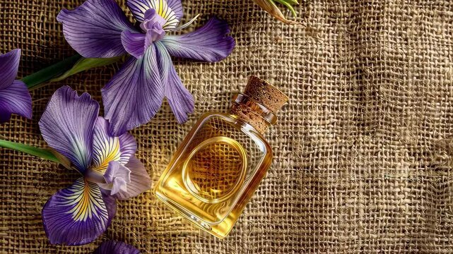 iris essential oil on burlap background