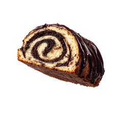 A spiral slice of chocolate babka, featuring rich chocolate filling and a soft texture. Irresistibly sweet!