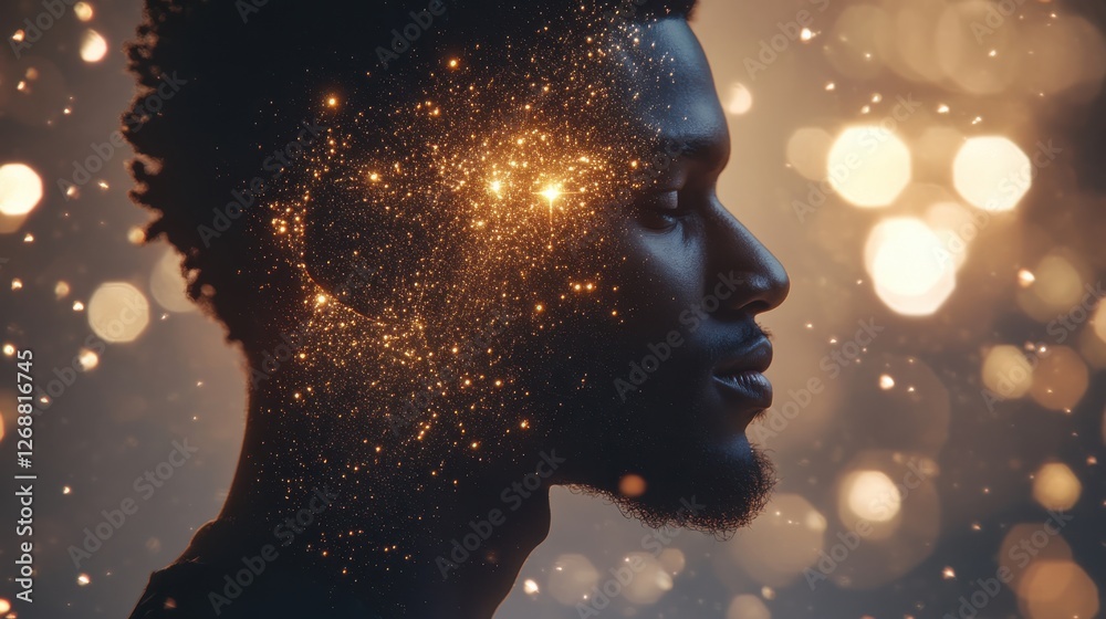 Aufkleber Conceptual visualization of a man's profile illuminated by cosmic particles and light effects at twilight