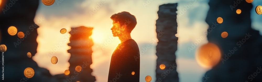 Poster man surrounded by glowing elements amidst stone pillars at sunset, symbolizing wealth and enlightenm