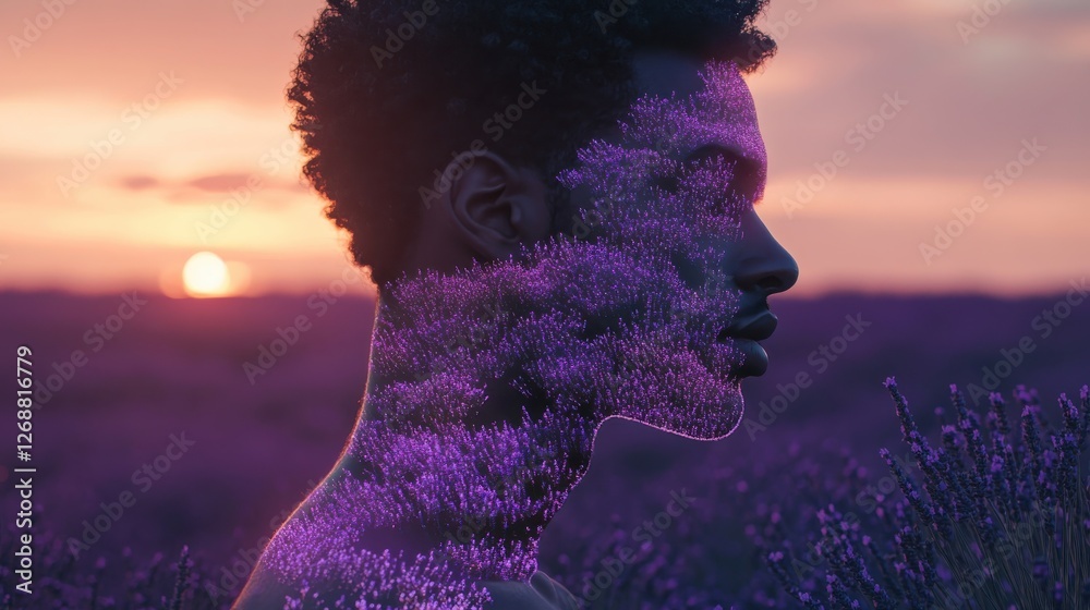 Fototapete silhouette of a man blending with purple lavender fields during sunset creating a striking visual co