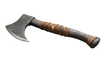 Viking axe with detailed engravings and wrapped wooden handle from the Norse era