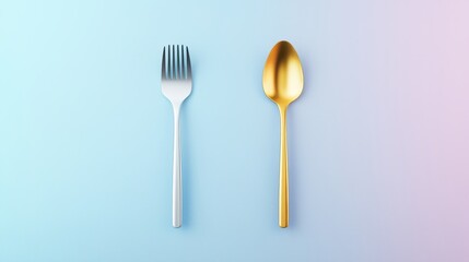 Elegant Gold Spoon and Silver Fork on Pastel Blue Background Minimalist Flatlay Food Photography