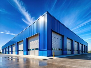 Fototapeta premium Large Blue Metal Warehouse Building, Multiple Doors, Clear Sky, Industrial, Exterior