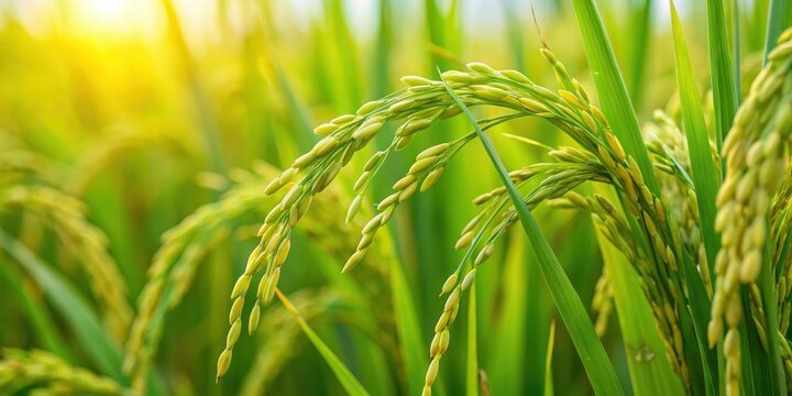 Close-up of green rice plant in a paddy field in India , nature scene , agriculture,  nature scene