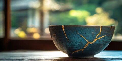 Kintsugi, japanese art of repairing broken pottery with gold, giving new life to broken bowl