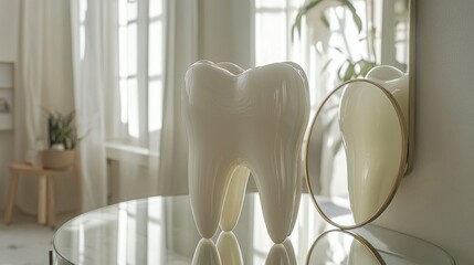 A striking white tooth model stands elegantly on a glass table, reflecting soft light in a bright contemporary room adorned with plants and natural textures