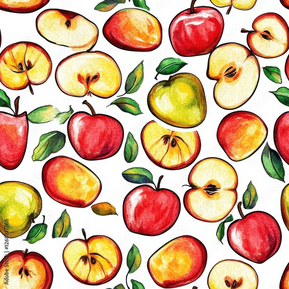 Poster colorful watercolor doodle of apples in various shapes and colors creating a vibrant pattern