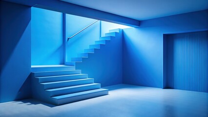Obraz premium Minimalist Blue Staircase Corner Landing - Modern Interior Design Stock Photo