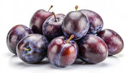 Obraz premium Fresh dark purple plums isolated on white background with subtle texture