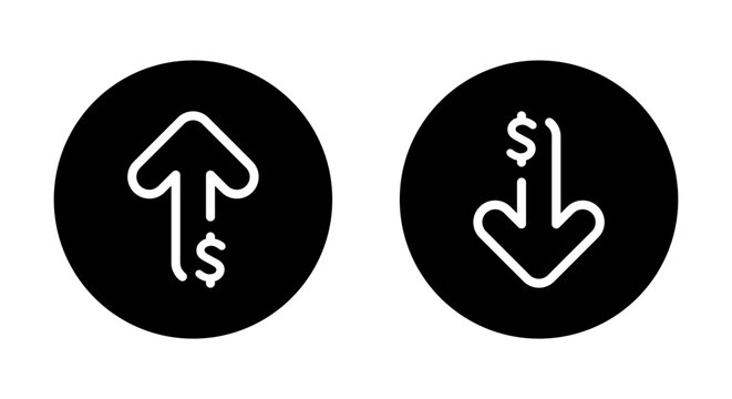 Dollar arrow up and down outline icon on black circle.  USD increase and decrease sign symbol
