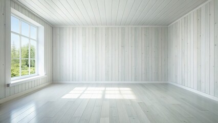 Obraz premium Minimalist Empty Room: White Wooden Walls & Floor, Copyspace for Design Inspiration